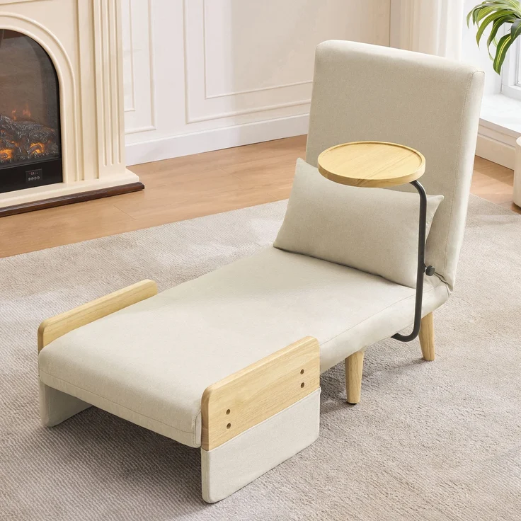 Sessel Leinen 3-in-1 mit drehbarem Tablett,88 x 66 x 74.5 cm,Relaxsessel mit 6-stufiger Rückenlehne & Massivholz – Bild 3
