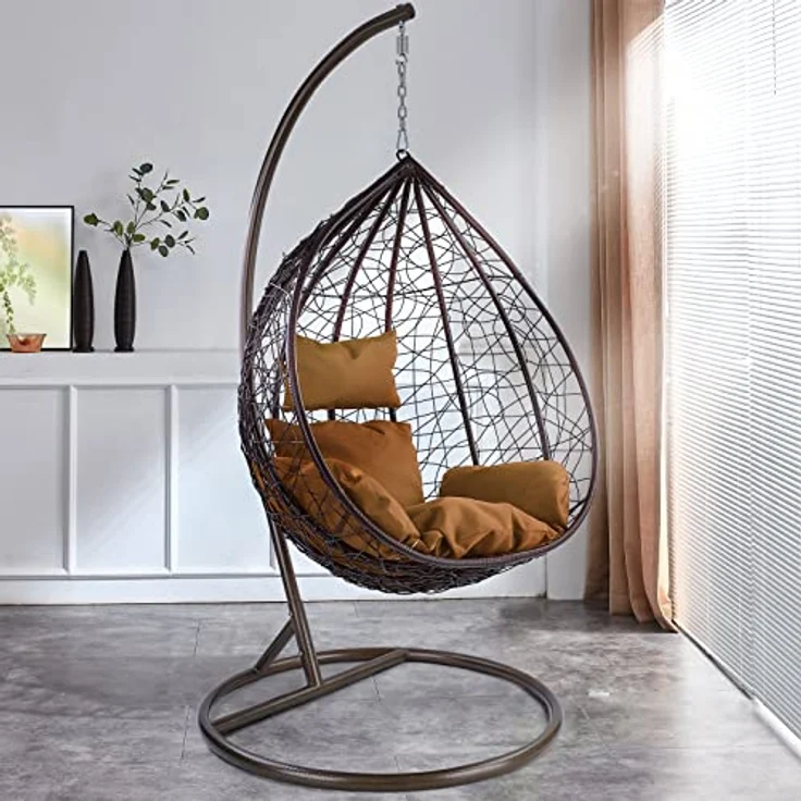 Luxus Hängesessel Miami XL Polyrattan mit Korb Gestell braun Kissen Hellbraun – Bild 9