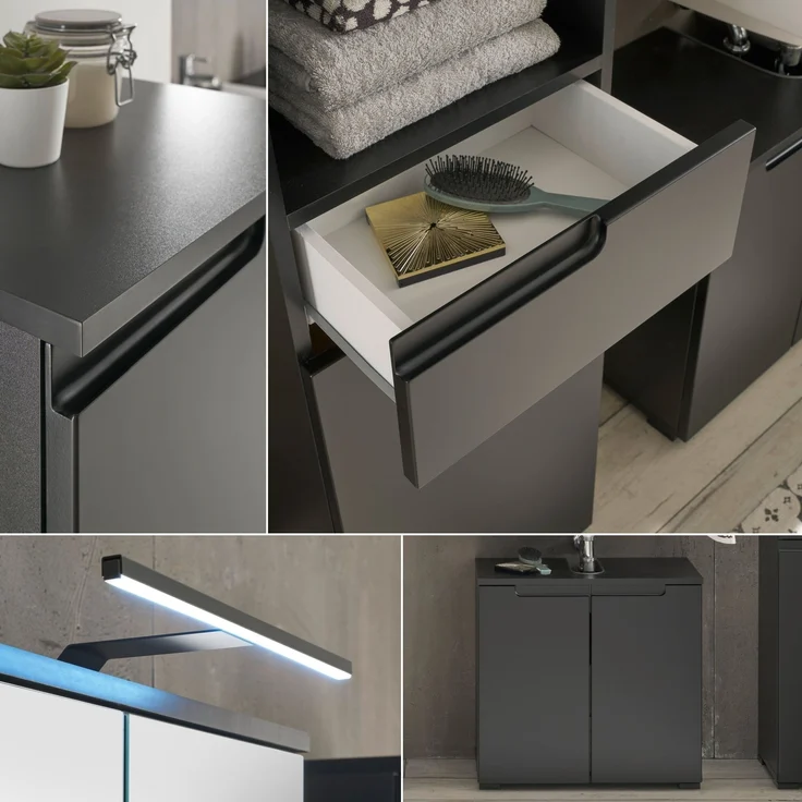 Badezimmer-Set "Spice" schwarz matt (5tlg.) mit Hochschrank, Waschbeckenunterschrank, Spiegelschrank, Kommode und Hängeschrank - 170 x 191 x 32 cm (B/H/T) – Bild 9