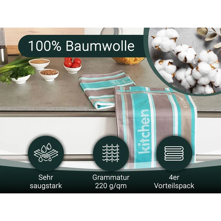 ZOLLNER Geschirrtücher, Küchenhelfer, 50x70 cm, 100% Baumwolle, 4er Set, mint – Bild 2