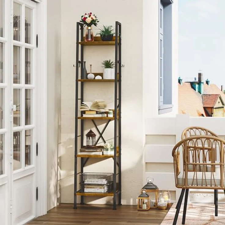 YITAHOME Bücherregal mit 5 Ebenen, industrielles Leiterregal, freistehendes Holzregale und Metallrahmen, modernes Regal für Wohnzimmer, Flur, Vintagebraun – Bild 3