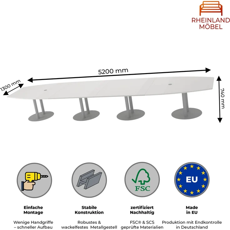 Rheinland Möbel Konferenztisch KONTI 520x130 cm – ovaler Besprechungstisch in Grau mit silbernen Säulenfüßen & 2 Kabelauslässen, erweiterbarer Meetingtisch für 16–18 Personen, moderner XXL-Tisch fürs Büro – Bild 3