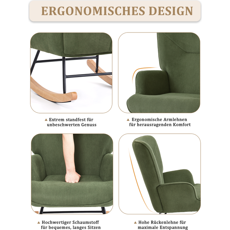 GOEURVANT 5006 Schaukelstuhl mit Hocker (Relaxsessel, Ohrensessel), Feincord - Grün – Bild 9