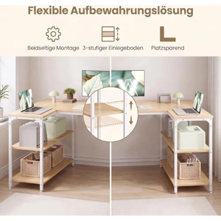 VASAGLE Eckschreibtisch in L-Form, Computertisch, 110 x 80 cm | mit Stauraum, höhenverstellbare Ablage, 2 AC-Steckdosen und 2 USB-Anschlüssen, Natürliche Eiche, BARNET Kollektion LWD135Y101 – Bild 6