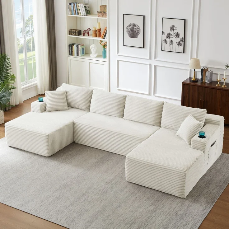 Vollständig komprimierbares, U-förmiges Modulsofa, Kombinationssofa aus breitem Cord mit Federkern-Sitzkissen, Getränkehaltern und seitlichen Stautaschen, keine Montage erforderlich, maximale Belastbarkeit 544 kg (1200 lbs) für das Wohnzimmer--Cremefar... – Bild 5