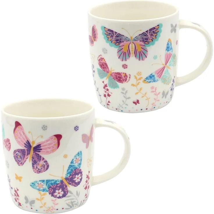 Dekohelden24 Tasse 2er Set Kaffeebecher Kaffeetasse aus Porzellan - Motiv: bunte Schmette, Porzellan