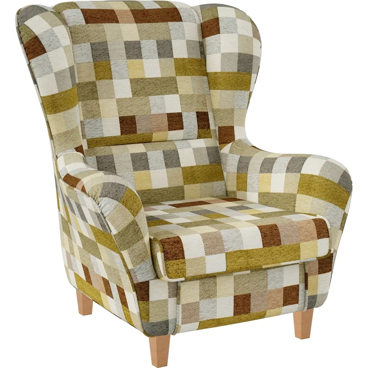 Supellex Sofia Ohrensessel mit Hocker | Design kariert Beige-Ocker – Bild 2
