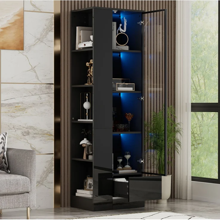 DESVIAE Regal mit Glastür Schwarz aus Spanplatte/Glas – 50x160x35 cm – LED-Beleuchtung, Schublade – Bild 5
