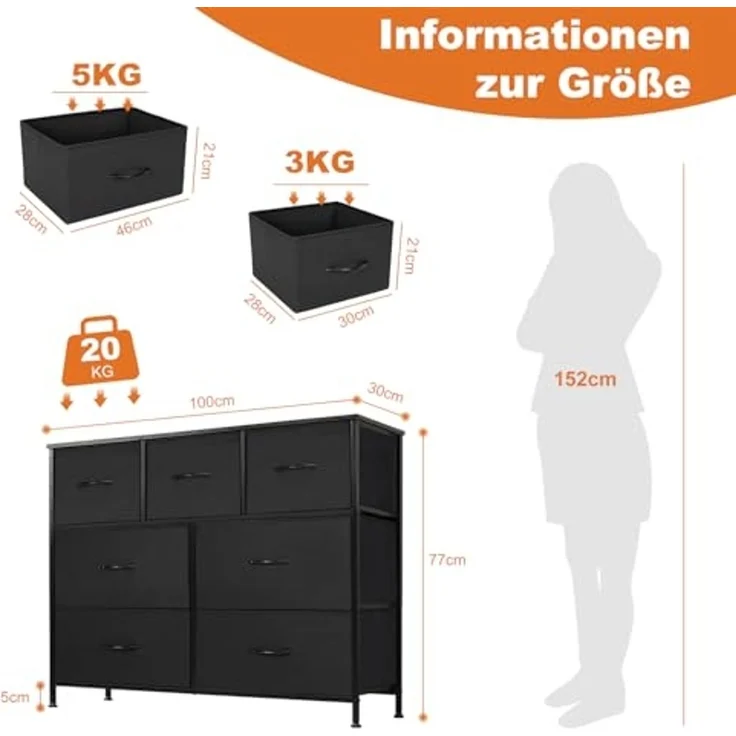 DUMOS Kommode für Schlafzimmer mit 7 Stoffschubladen, hohe Kommode Organizer für Kleidung, Schrank Kinderzimmer, Aufbewahrungsturm mit Schrank, Metallrahmen, Holzplatte, leichte Kinderzimmermöbel – Bild 2