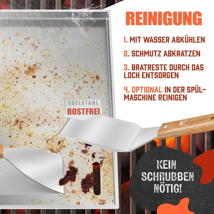 KESSER® Grillplatte Plancha aus Edelstahl 40x30cm rostfrei mit Fettablauf, hitzebeständig bis 800°C & Spülmaschinenfest für Gas & Holzkohlegrill inkl. 2 Spatel, Grillschürze, Grillmatte & Rezeptbuch Weiß, Plancha – Bild 8