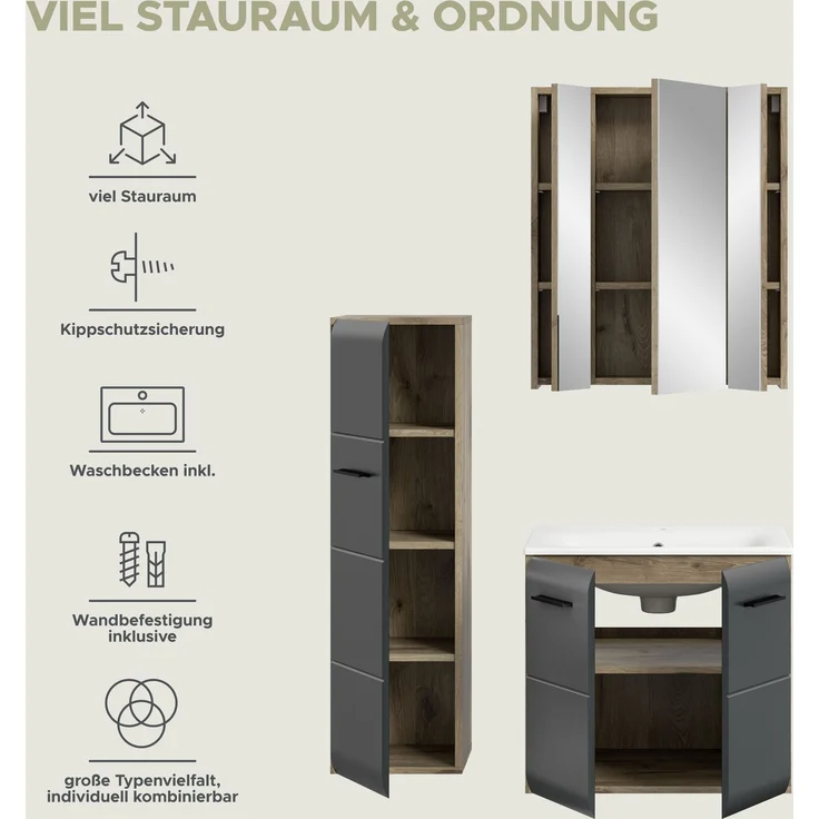 Badkombination (B/H/T: 105x185x46 cm) in schwarz matt und Nox Oak Nachbildung – Bild 9