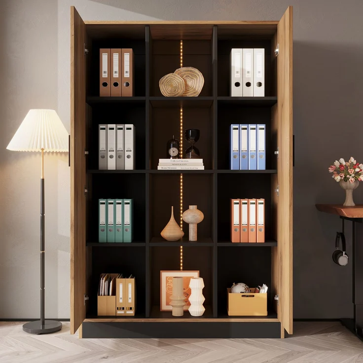 Vitrine 95x35x160 cm in Eichenoptik/Schwarz mit LED-Fach, 2 Türen und Soft-Close – Bild 2