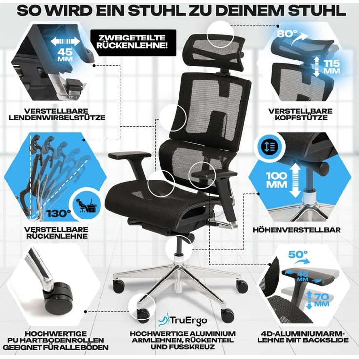 VALKENSTOL M7 MESH-SITZ Bürostuhl ergonomisch mit Schaumstoff Sitz - 5 Jahre Garantie - adaptive Lordosenstütze - tiefenverstellbare und neigbare Sitzfläche – Bild 6
