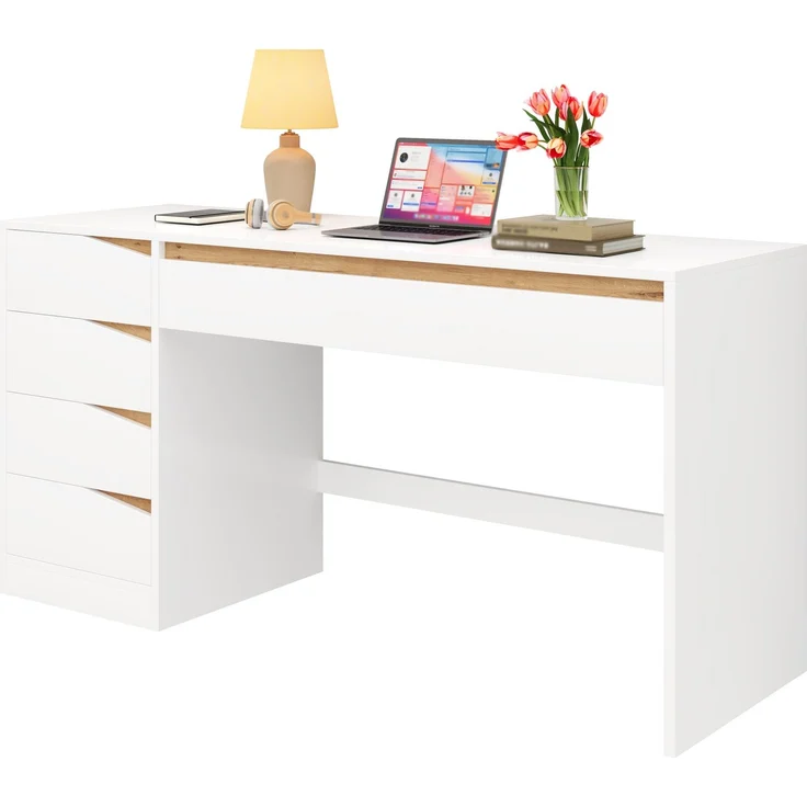 ZUBALIYA Schreibtisch 140x50 cm mit 5 Schubladen, Weiß/Eiche-Optik, Moderner Computertisch mit extra großer Arbeitsfläche, Schminktisch mit Stauraum, Bürotisch für Homeoffice, Schlafzimmer und Arbeitszimmer – Bild 7