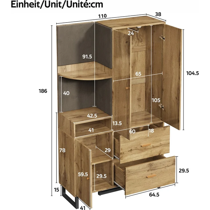 CHICFURN Schrank 110x186x38 cm mit Schubladen, aus MDF – Garderobe mit Kleiderstange Schwarz,Natur – Bild 10