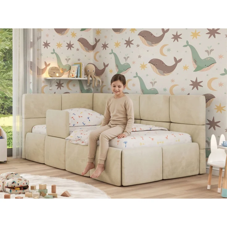 Jugendbett, Kinderbett mit Kopfteil ARVO ALTA 90x200 cm, Polsterbett mit Stauraum, hoher Schlafkomfort - Hellgrau Plüsch - Links – Bild 3