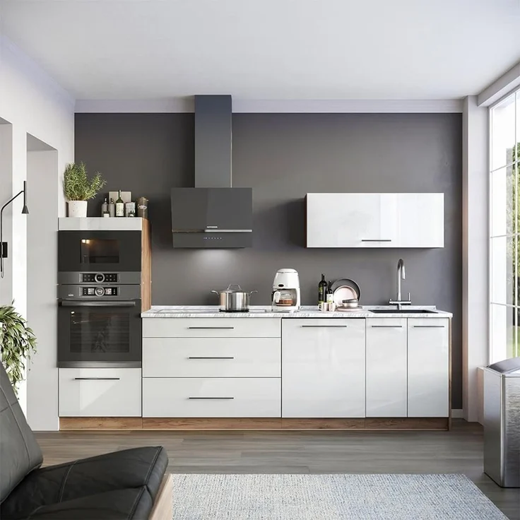 Küchenzeile Fame-Line Weiß Hochglanz/Goldkraft Eiche 280 cm, AP Marmor Vicco – Bild 6