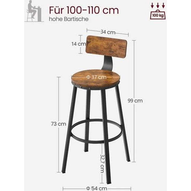 VASAGLE Barhocker, 4er Set, Barstühle, Küchenstühle mit stabilem Metallgestell, Sitzhöhe 73,2 cm, einfache Montage, Industrie-Design, vintagebraun-schwarz – Bild 3