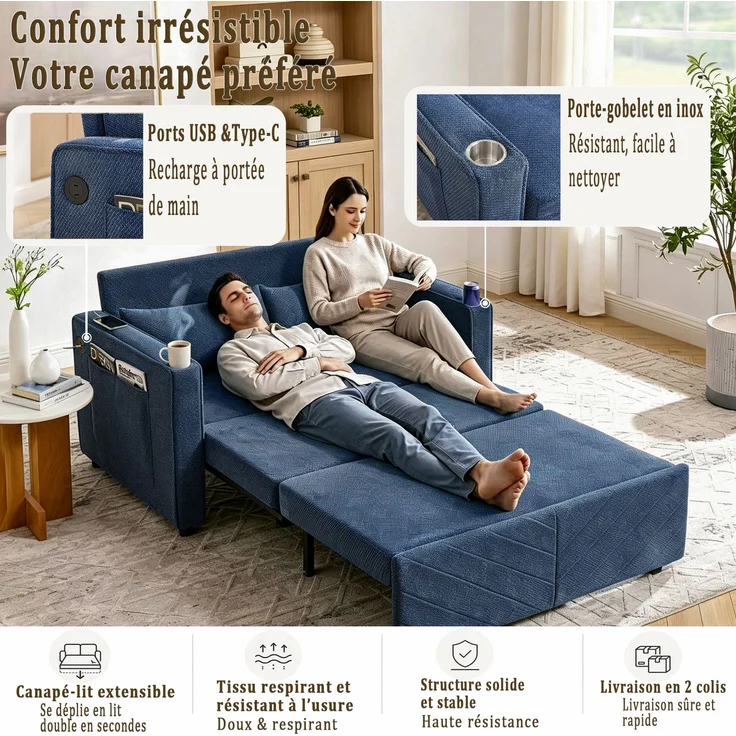 ZUBALIYA Sofa mit USB - Anschluss, für Wohnzimmer und Apartments, mit stabilem Untergestell, für den täglichen Gebrauch, Blau – Bild 8