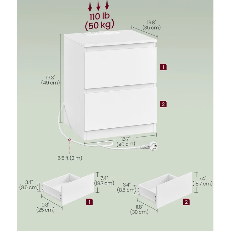 VASAGLE Nachttisch mit Steckdosenleiste und Schubladen, 2er Set, MDF Wolkenweiß, 35 x 40 x 49 cm – Bild 5