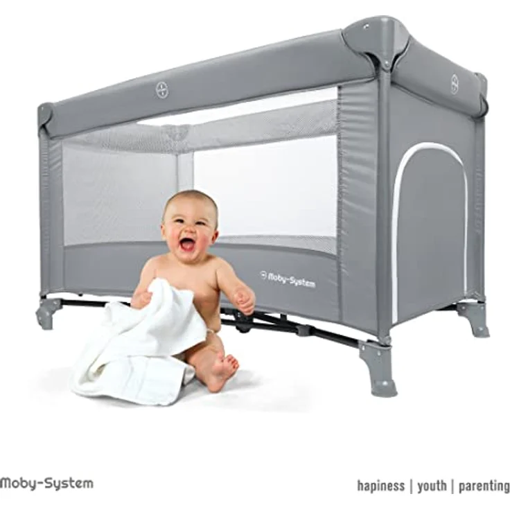 Moby-System Baby Reisebett 128x68 cm, faltbar mit Matratze & Tragetasche, 2-fach höhenverstellbar, grau – Bild 3