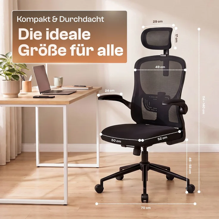 LUTIVO Charlie, ergonomischer Bürostuhl mit atmungsaktivem Mesh, Kopfstütze und Flip-Up Armlehnen, schwarz – Bild 3