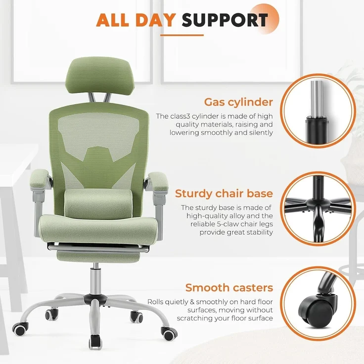 Sweetcrispy Büro-Computer-Schreibtisch Stuhl, Gaming-Stühle für Erwachsene, High-Back Mesh Rolling Swivel Reclining Stühle mit Rädern, Bequeme Lendenwirbelstütze, Bequeme Arme Grün – Bild 8