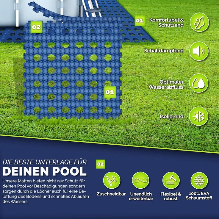 tillvex® Pool Bodenschutzmatte mit Löchern 48 Stück Blau | Unterlegmatte für Pool & Planschbecken 51x51 cm | Poolmatte Bodenmatte Outdoor | Poolunterlage Bodenschutz Matten wärmeisolierend | Whirlpool Bodenfolie weich – Bild 6