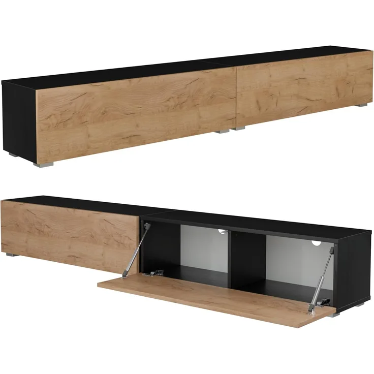 PLATAN ROOM Fernsehschrank TV-Lowboard 105/140 / 160/210 / 280 In Weiß Hängend Oder Stehend Hochglanz Matt (210 x 30 x 32, Schwarz Matt/Eiche Gold)