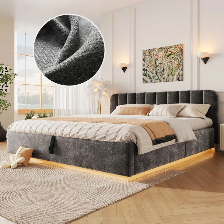TavilaEcon Boxspringbett Polsterbett mit sicherer Matratzenfixierung & Abgerundete dunkelgrau Liegefläche 180 × 200 cm