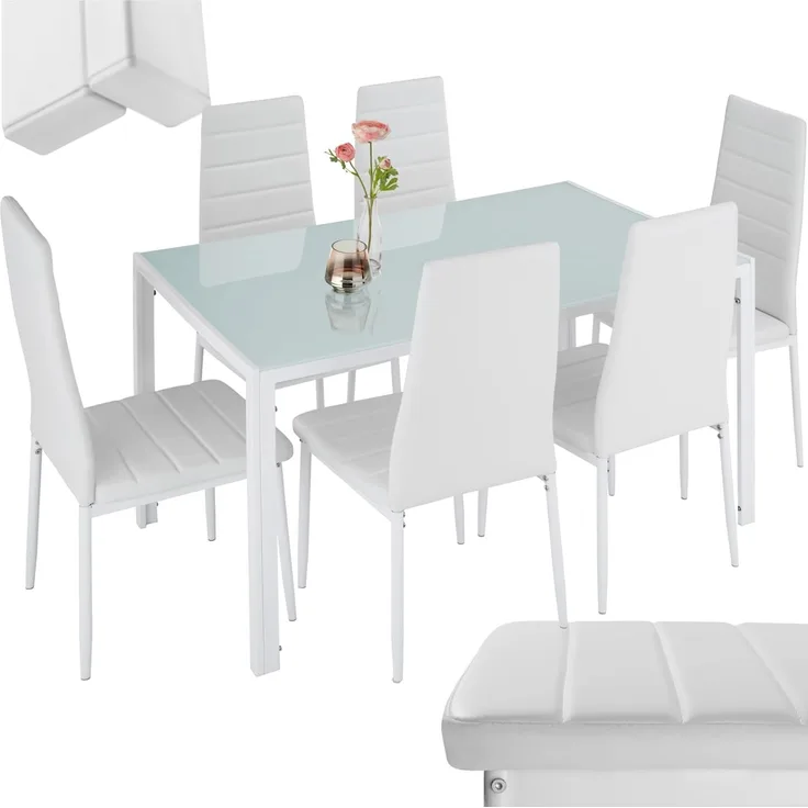 TecTake 800551 Esszimmergruppe mit Esstisch und 6 Essstühlen, strapazierfähiges Kunstleder, robuste Tischplatte aus Sicherheitsglas (Weiß-Weiß | Nr. 404382)
