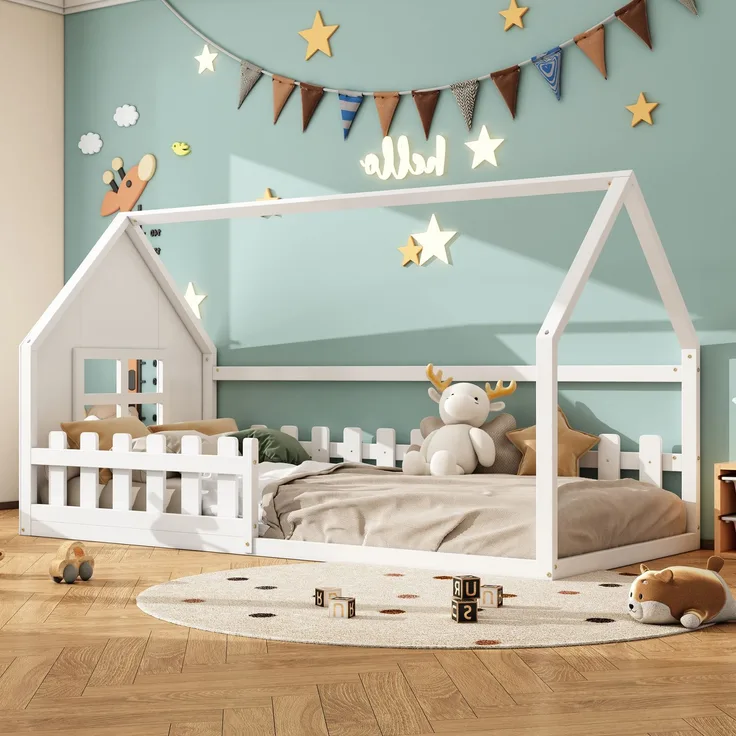Kinderbett 90x200 cm in Hausform, Weiß Jugendbett aus Kiefer & MDF, stabiles Hausbett für Mädchenzimmer