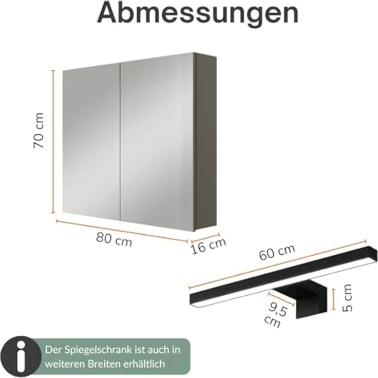 Planetmöbel ARIA Spiegelschrank Bad mit Beleuchtung 80 cm breit | Badschrank hängend mit Spiegel | Anthrazit, mit Leuchte und Steckdose, Spiegelschrank Gäste WC 80 x 70 x 16 cm – Bild 4