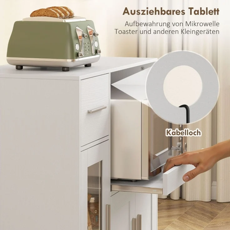Küchenschrank auf Rädern, Mobile Küchenkommode mit Ablagen, Schubladen, verstellbarem Regal, Kabelloch, Weiß--Weiß--80x40x88.7cm--YOUDENOVA – Bild 5
