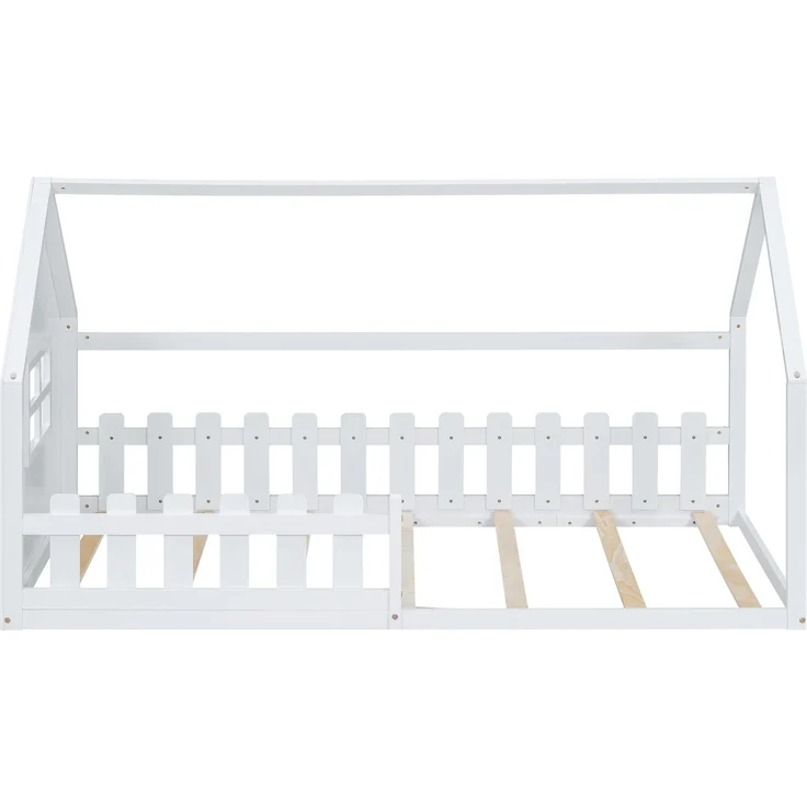 Kinderbett 90x200 cm in Hausform, Weiß Jugendbett aus Kiefer & MDF, stabiles Hausbett für Mädchenzimmer – Bild 8