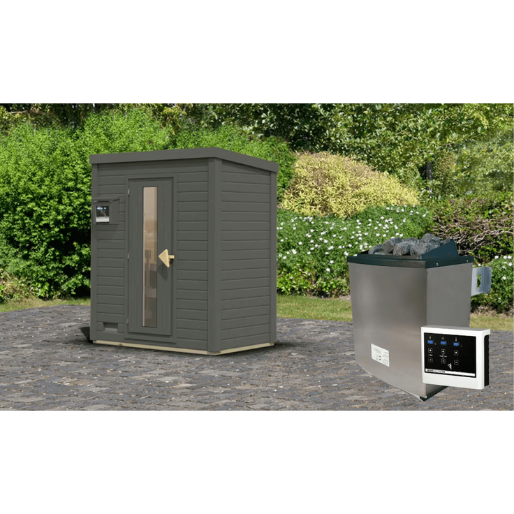 Karibu Sauna Hytti 0 terragrau mit 9 kW Ofen mit externer Steuerung