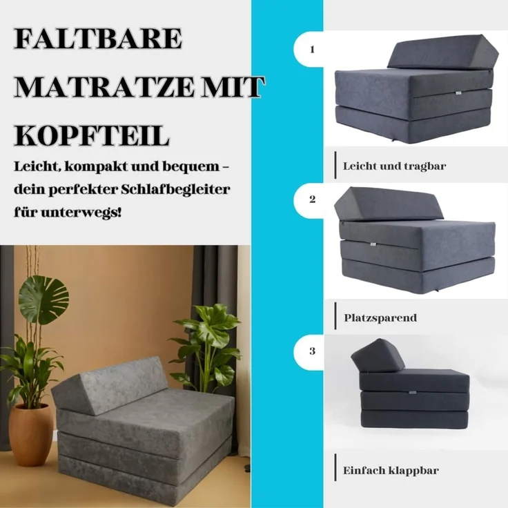 Klappmatratze Klappmatratze Gästematratze Kopfteil VW GTD Muster 200x70x10cm Bezug, FORTISLINE, 10 cm hoch – Bild 5
