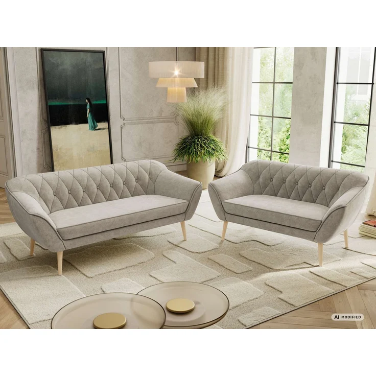 Skandinavisches Sofa Set PIRS 3-2, Komplettset, Wellenfederung, Buche Füße, Sitzgruppe, Polstermöbel Set - Beige Stukture – Bild 5