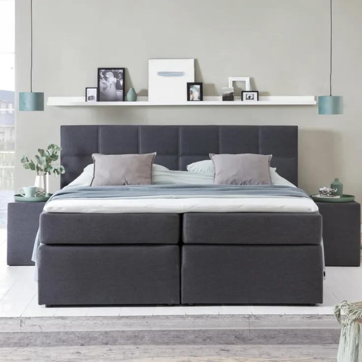 Möbelfreude Boxspringbett Bea, gesteppt, 7-Zonen Taschenfederkern, Visco Topper Polsterbett, Anthrazit H2/H3, 180x220 cm