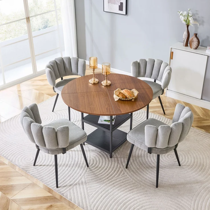 Esstischgruppe H 75 x T 107 x B 107 cm in Nussbaum-Optik mit Stauraum und 4 grauen Stoffstühlen – Bild 1