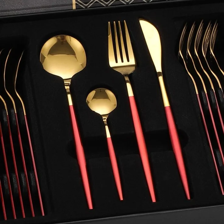 24 teiliges Besteck-Set aus hochwertigem Edelstahl für 6 Personen - Rot/Gold – Bild 5