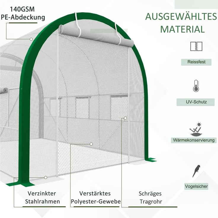 Wohnora-Foliengewächshaus 3,58 x 2,1 x 2,1 m Tunnelgewächshaus mit Rolltür für Garten & Balkon, verzinkter Stahl, weiß,H 210cm x T 358cm x B 210cm – Bild 5