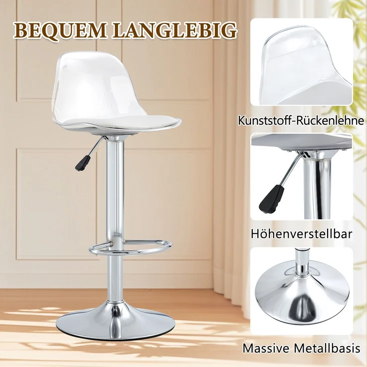 Flexibles Bar-Set: 89 cm Glastisch + 2 Hocker mit silberfarbenen Beinen, höhenverstellbar & drehbar.•Transparente Optik • 360°-Drehung • Vielseitig nutzbarSchafft visuelle Weite und spart Platz.--Silber, Transparent--51x49.5x50cm--YOUDENOVA – Bild 7
