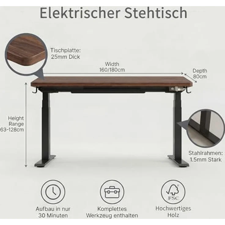 Devoko Höhenverstellbarer Schreibtisch 160x80 cm elektrisch, Höhenverstellung 63-128 cm mit Smart Control, 125 kg Tragkraft, für gesundes Arbeiten – Bild 9