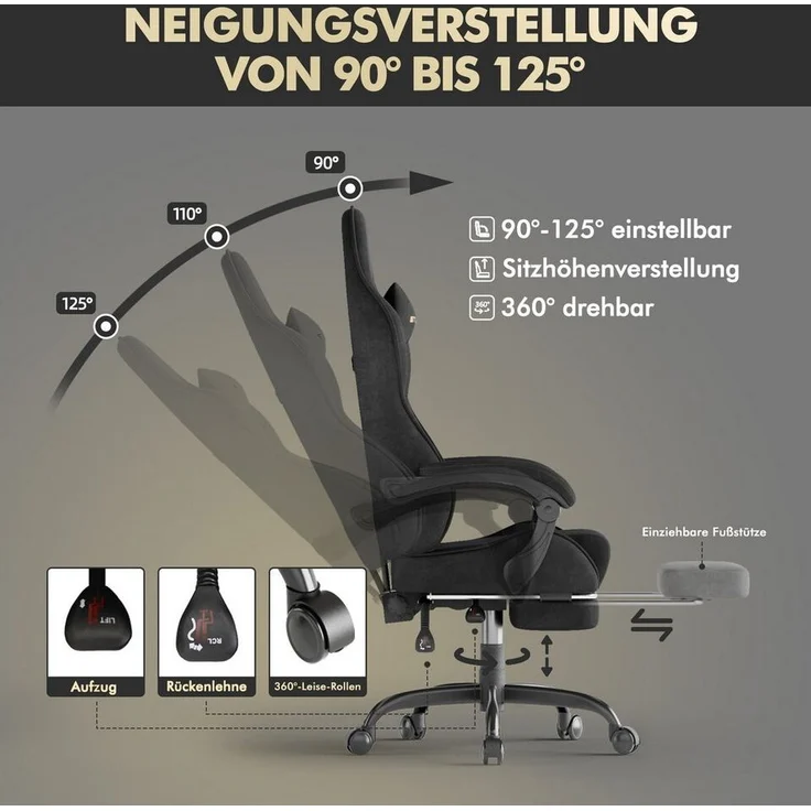 Ferghana Gaming-Stuhl Gaming-Stuhl: Kopfstütze, Lendenkissen, Armlehnen, Fußstütze (Packung), Ergonomischer PC-Stuhl,Rückenlehne 90°-125° – Bild 2
