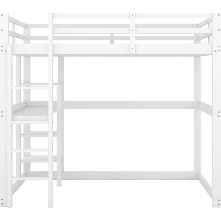 Hochbett 140x200 cm mit Schreibtisch und 4 Ablagefächern, Kinderbett Doppelbett aus massivem Kiefernholz,mit Stauraum,Weiß – Bild 8