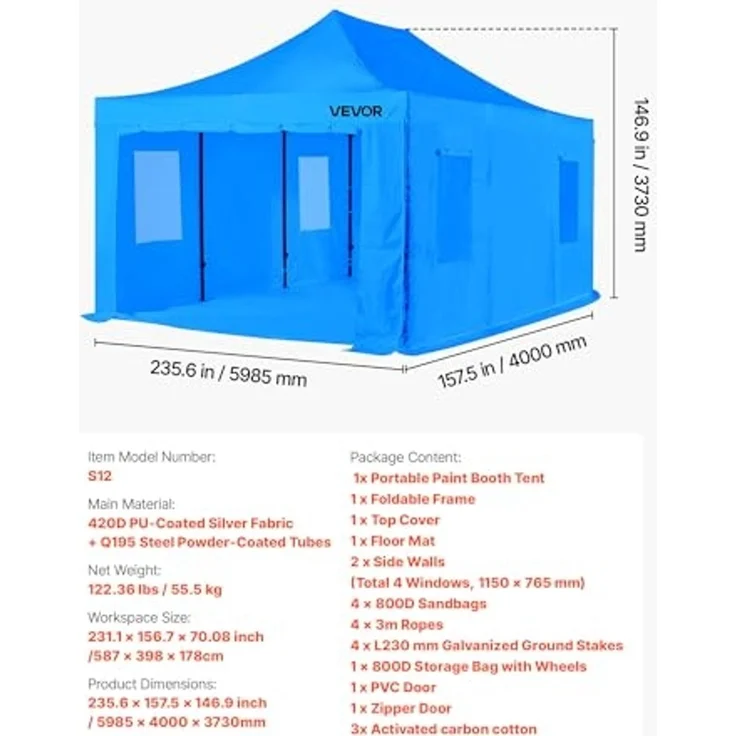 VEVOR tragbares Lackierkabinenzelt (587 x 398 x 178 cm) Sprühfarbenzelt für Sprühmalerei, wasserfeste & Faltbare Farbkabine mit 4 Netz-Seitenfenstern für Autoteile Möbel Motorräder Sprühschutz blau – Bild 7