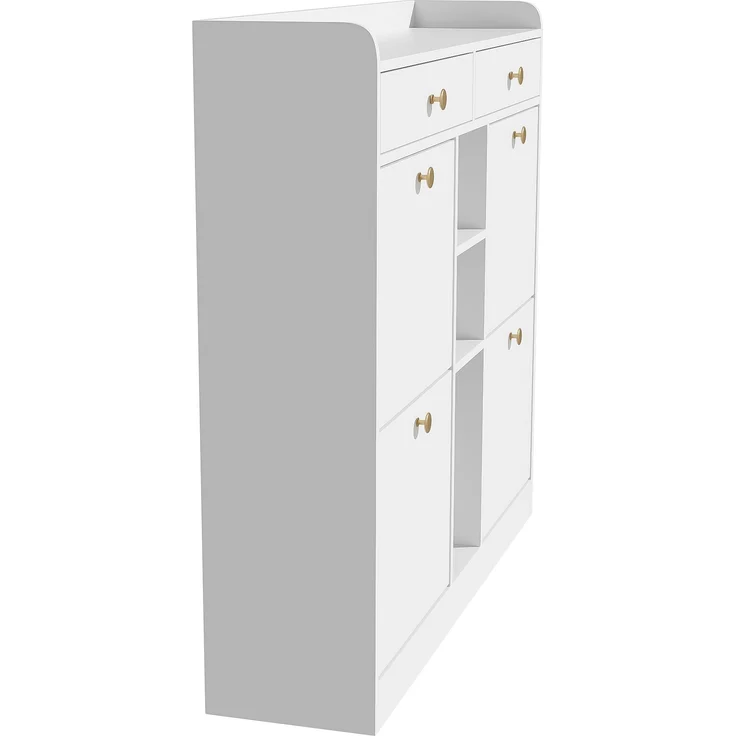Schuhschrank aus Spanplatte mit 4 Klapptüren, 2 Schubladen & offenen Fächern, 110x26x100 cm, Weiß – Bild 5