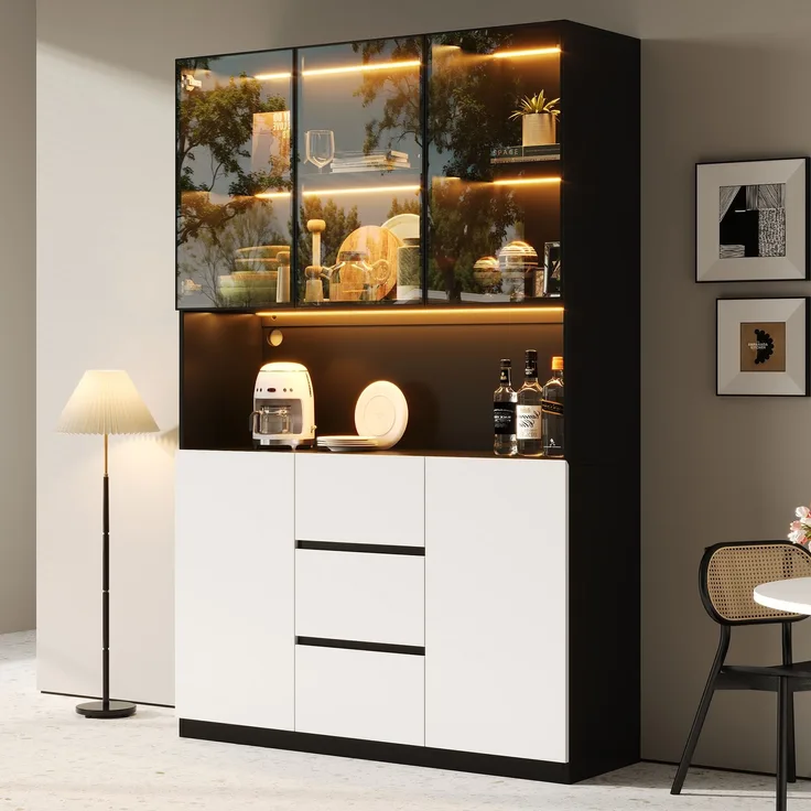 Vitrine 120x40x200 cm in Schwarz mit LED, Glasbereich, 3 Schubladen und 2 Türen