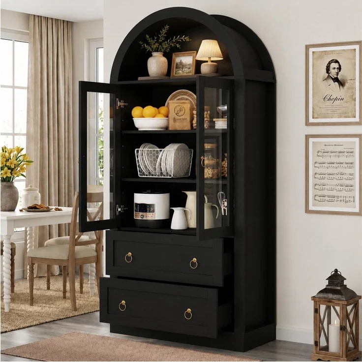 Flieks Hochschrank Bogen-Glasvitrine mit Schubladen, Doppeltüren und Retro-Metallgriffen (mit verstellbarer Einlegeböden, 1-St, 80x36x170 cm) Mehrzweckschrank Küchenbuffet Wohnzimmerschrank Schwarz – Bild 1